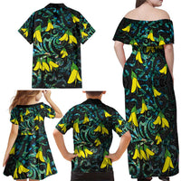 New Zealand Kowhai Flowers Family Matching Off Shoulder Maxi Dress and Hawaiian Shirt Maori Koru Pattern With Paua Shell Style