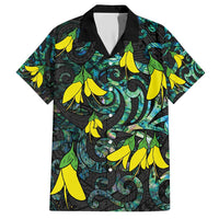 New Zealand Kowhai Flowers Family Matching Short Sleeve Bodycon Dress and Hawaiian Shirt Maori Koru Pattern With Paua Shell Style LT03 Dad's Shirt - Short Sleeve Black - Polynesian Pride