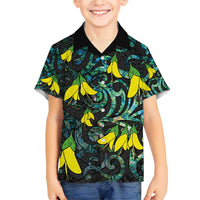 New Zealand Kowhai Flowers Family Matching Short Sleeve Bodycon Dress and Hawaiian Shirt Maori Koru Pattern With Paua Shell Style LT03 Son's Shirt Black - Polynesian Pride