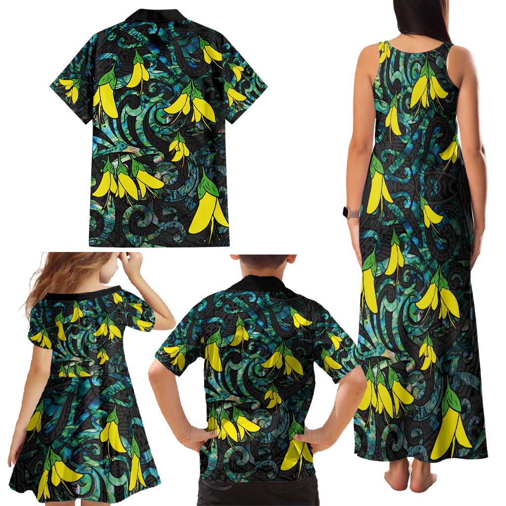 New Zealand Kowhai Flowers Family Matching Tank Maxi Dress and Hawaiian Shirt Maori Koru Pattern With Paua Shell Style