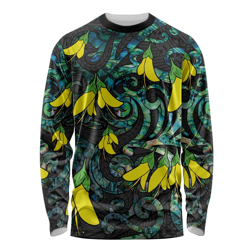 New Zealand Kowhai Flowers Long Sleeve Shirt Maori Koru Pattern With Paua Shell Style LT03 Unisex Black - Polynesian Pride