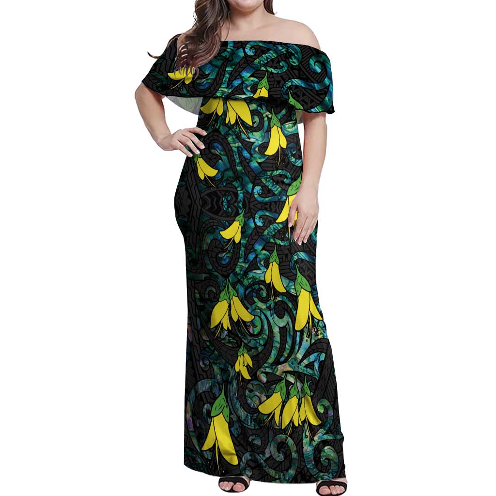 New Zealand Kowhai Flowers Off Shoulder Maxi Dress Maori Koru Pattern With Paua Shell Style LT03 Women Black - Polynesian Pride