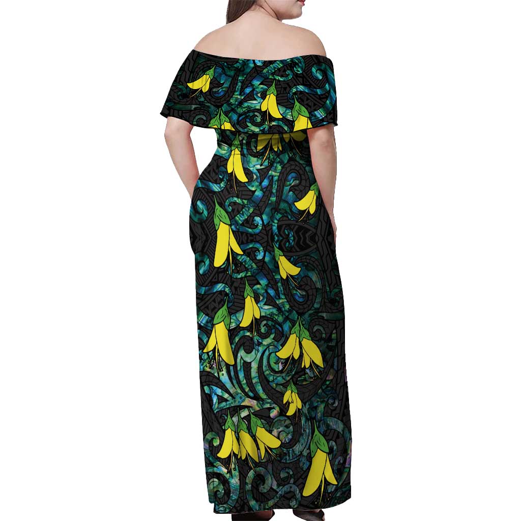 New Zealand Kowhai Flowers Off Shoulder Maxi Dress Maori Koru Pattern With Paua Shell Style LT03 - Polynesian Pride