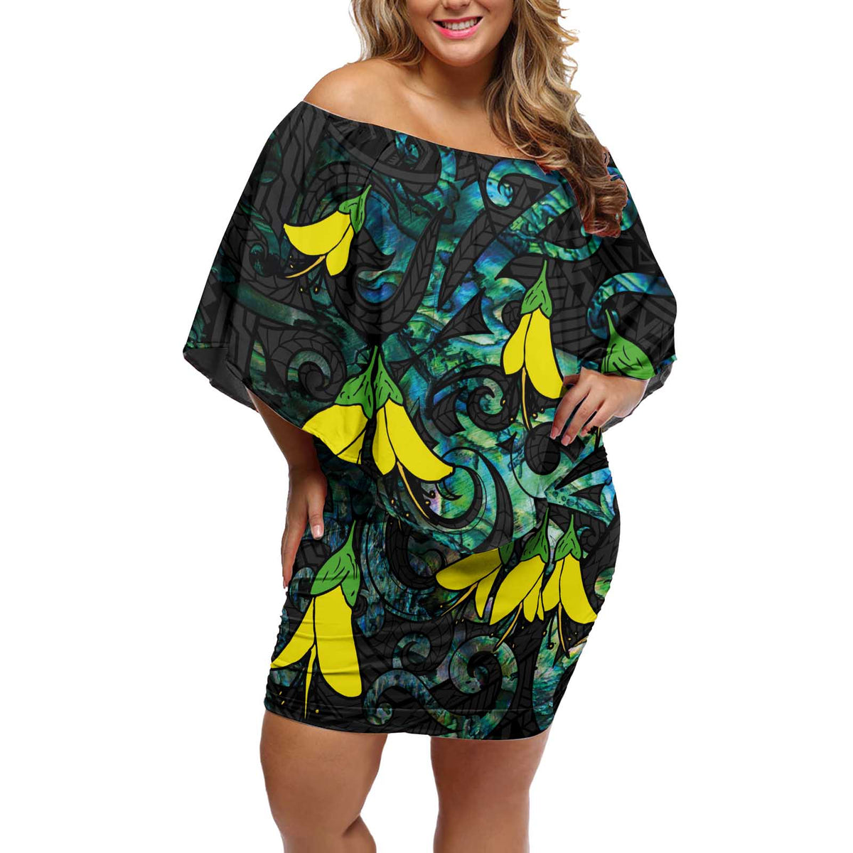 New Zealand Kowhai Flowers Off Shoulder Short Dress Maori Koru Pattern With Paua Shell Style LT03 Women Black - Polynesian Pride