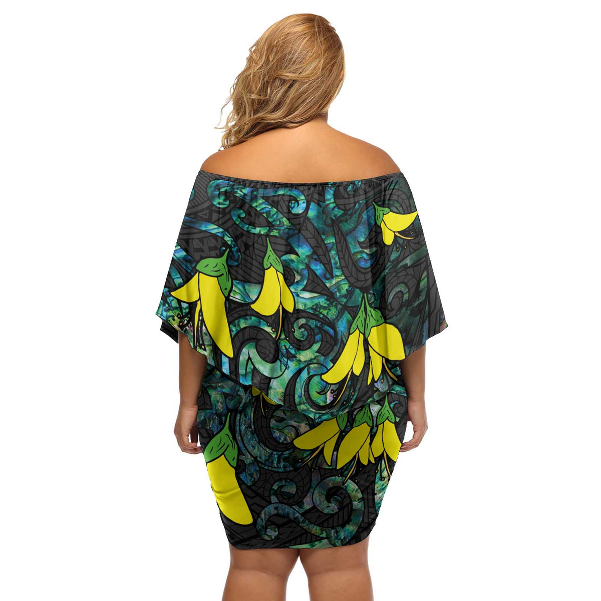 New Zealand Kowhai Flowers Off Shoulder Short Dress Maori Koru Pattern With Paua Shell Style LT03 - Polynesian Pride