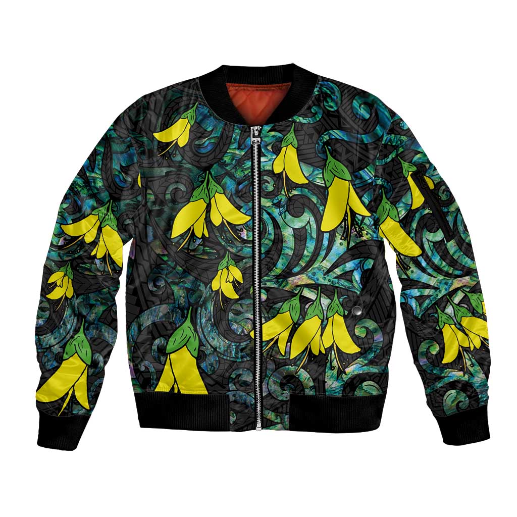 New Zealand Kowhai Flowers Sleeve Zip Bomber Jacket Maori Koru Pattern With Paua Shell Style LT03 Unisex Black - Polynesian Pride