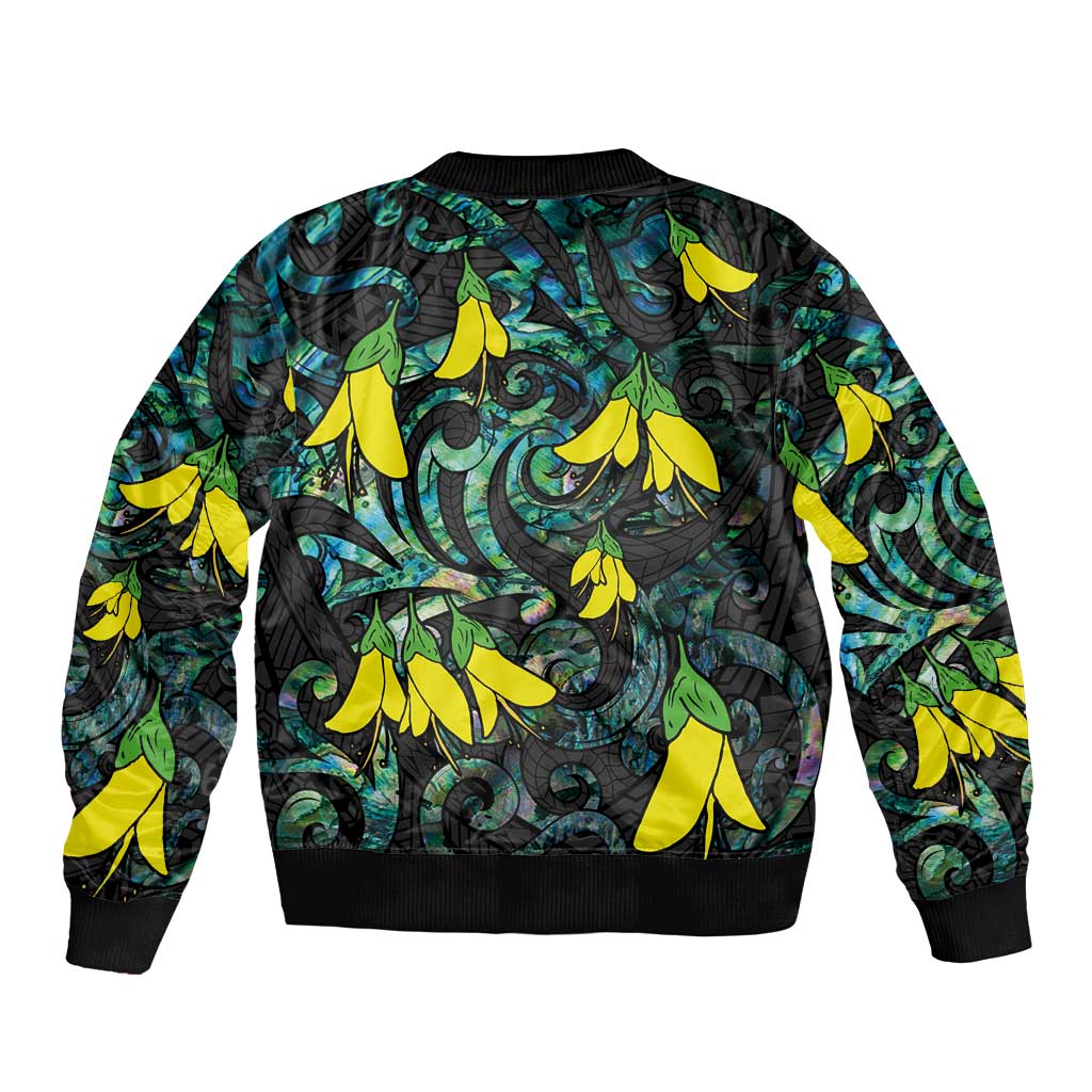 New Zealand Kowhai Flowers Sleeve Zip Bomber Jacket Maori Koru Pattern With Paua Shell Style