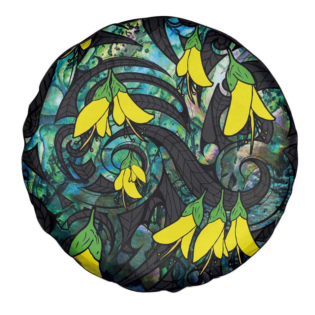 New Zealand Kowhai Flowers Spare Tire Cover Maori Koru Pattern With Paua Shell Style