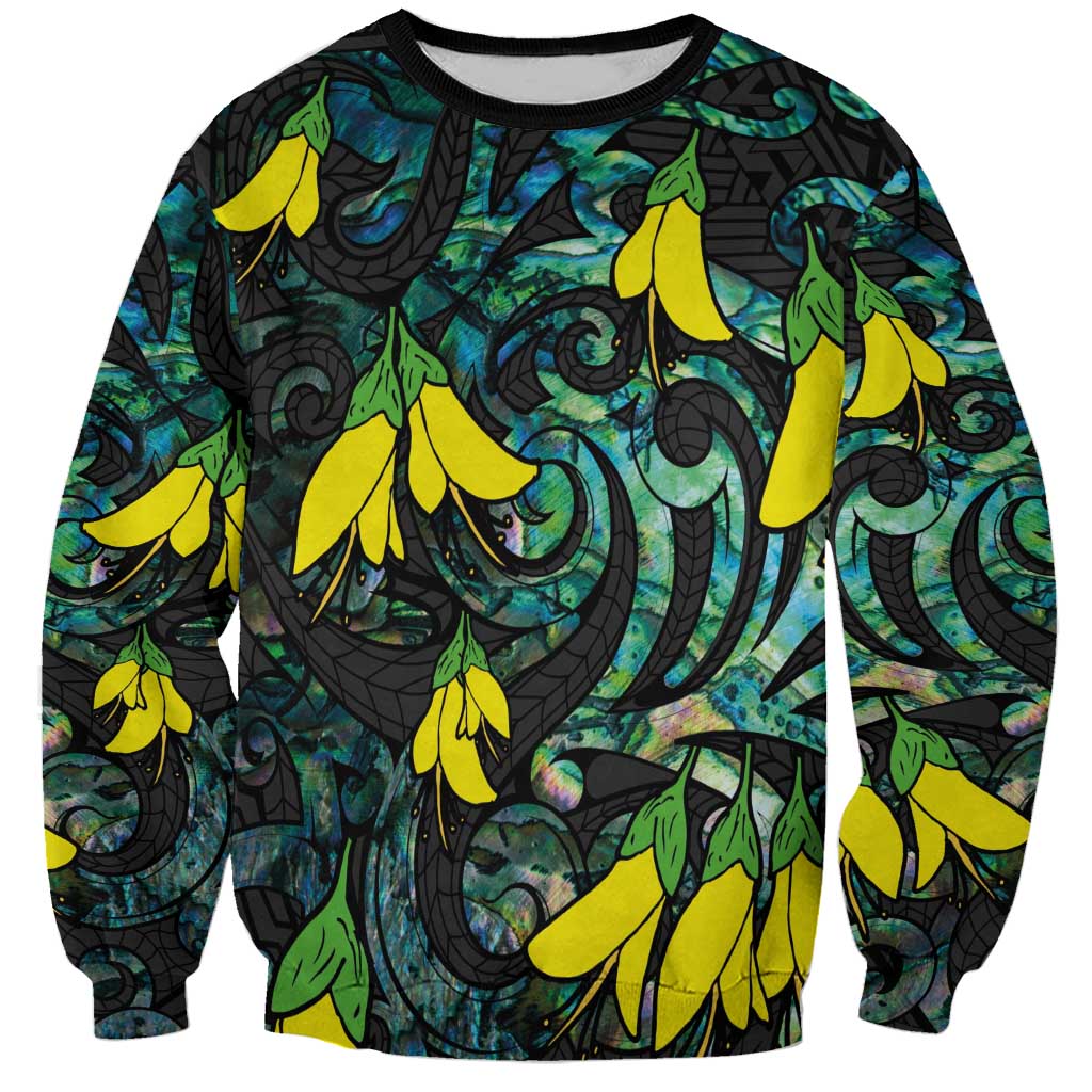 New Zealand Kowhai Flowers Sweatshirt Maori Koru Pattern With Paua Shell Style
