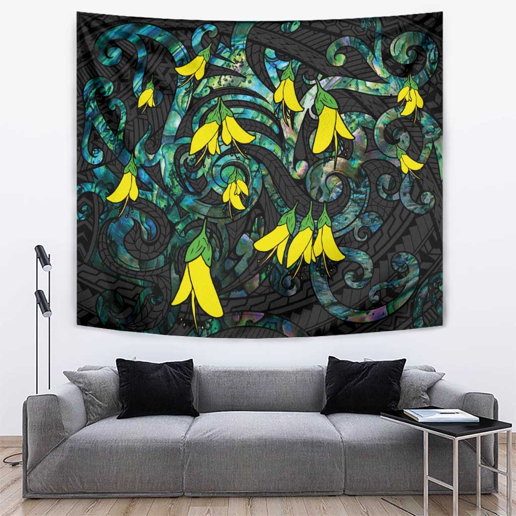 New Zealand Kowhai Flowers Tapestry Maori Koru Pattern With Paua Shell Style LT03 Black - Polynesian Pride