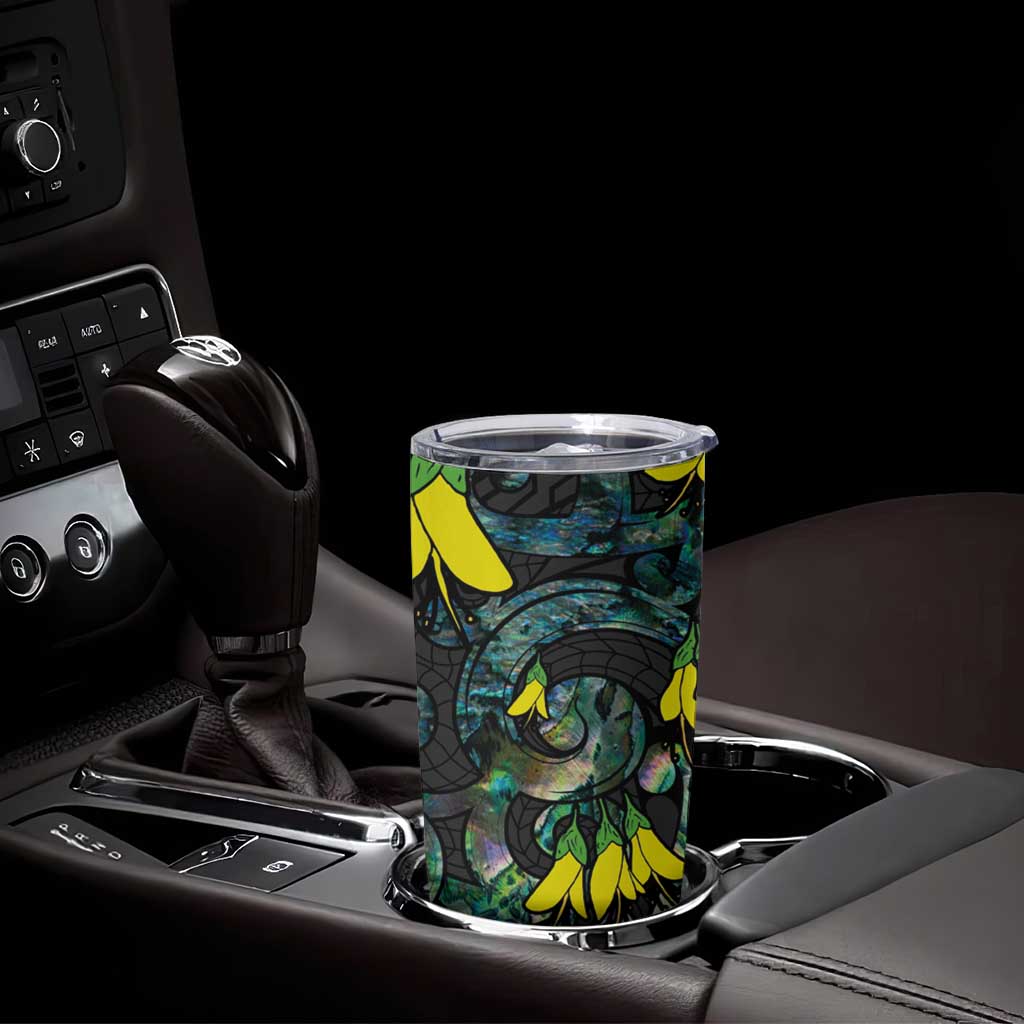 New Zealand Kowhai Flowers Tumbler Cup Maori Koru Pattern With Paua Shell Style