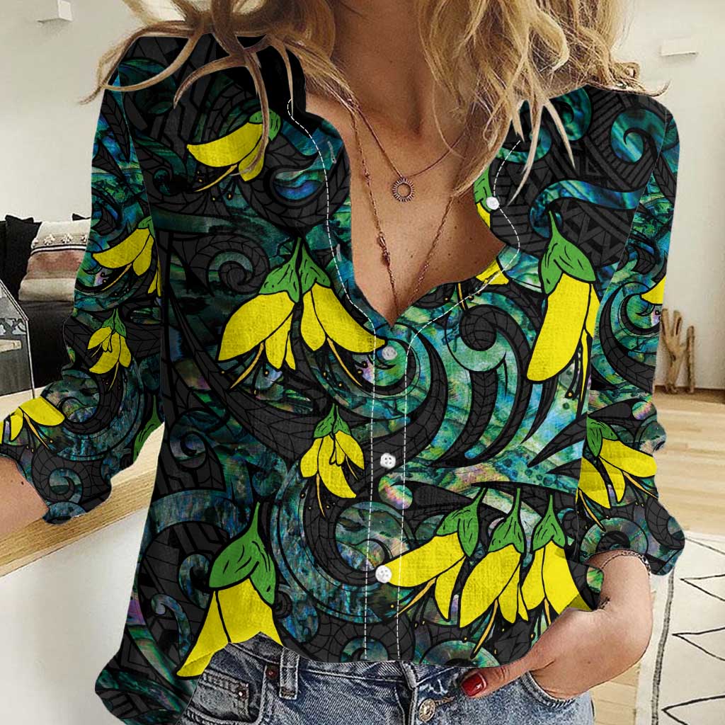 New Zealand Kowhai Flowers Women Casual Shirt Maori Koru Pattern With Paua Shell Style