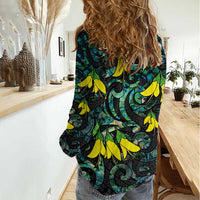 New Zealand Kowhai Flowers Women Casual Shirt Maori Koru Pattern With Paua Shell Style