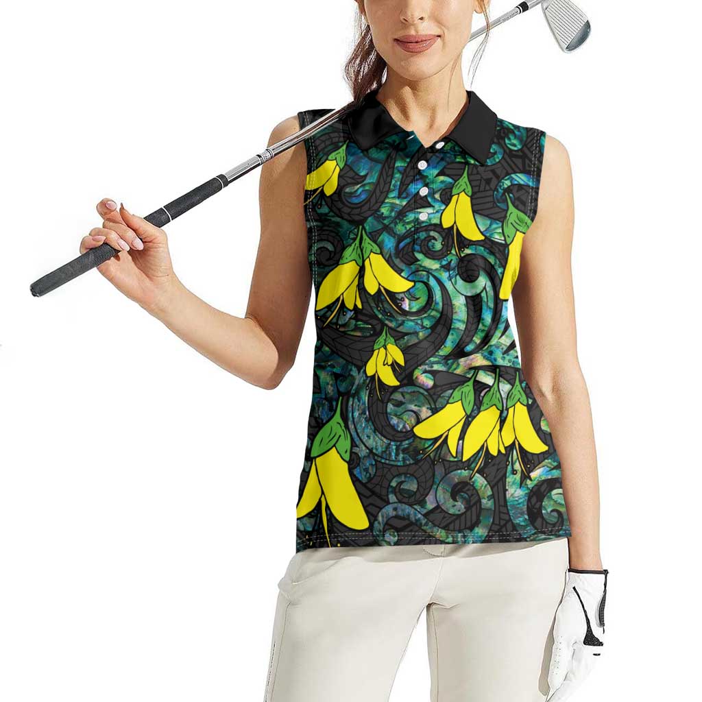 New Zealand Kowhai Flowers Women Sleeveless Polo Shirt Maori Koru Pattern With Paua Shell Style