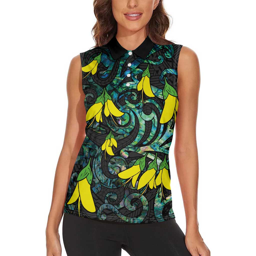 New Zealand Kowhai Flowers Women Sleeveless Polo Shirt Maori Koru Pattern With Paua Shell Style