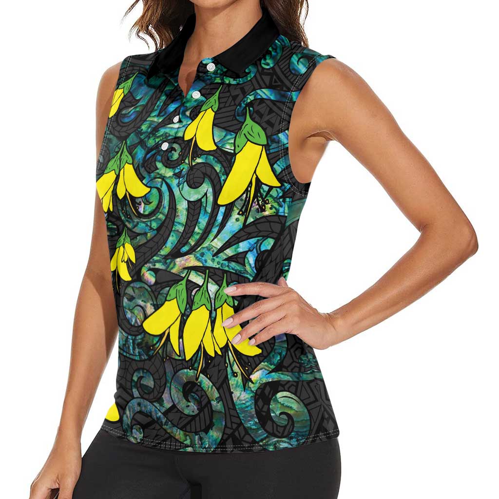 New Zealand Kowhai Flowers Women Sleeveless Polo Shirt Maori Koru Pattern With Paua Shell Style