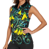 New Zealand Kowhai Flowers Women Sleeveless Polo Shirt Maori Koru Pattern With Paua Shell Style