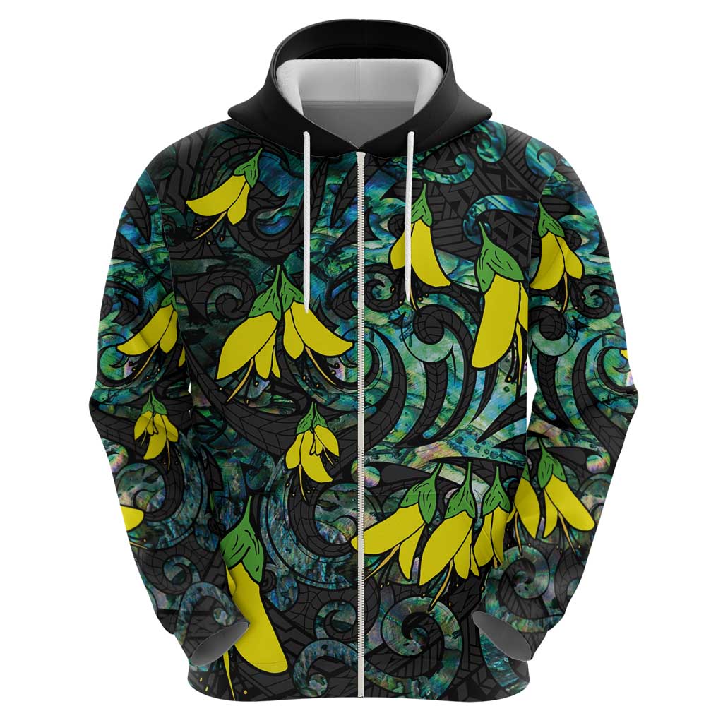 New Zealand Kowhai Flowers Zip Hoodie Maori Koru Pattern With Paua Shell Style LT03 - Polynesian Pride