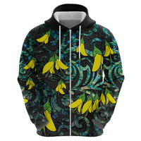 New Zealand Kowhai Flowers Zip Hoodie Maori Koru Pattern With Paua Shell Style LT03 - Polynesian Pride