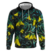 New Zealand Kowhai Flowers Zip Hoodie Maori Koru Pattern With Paua Shell Style LT03 Pullover Hoodie Black - Polynesian Pride
