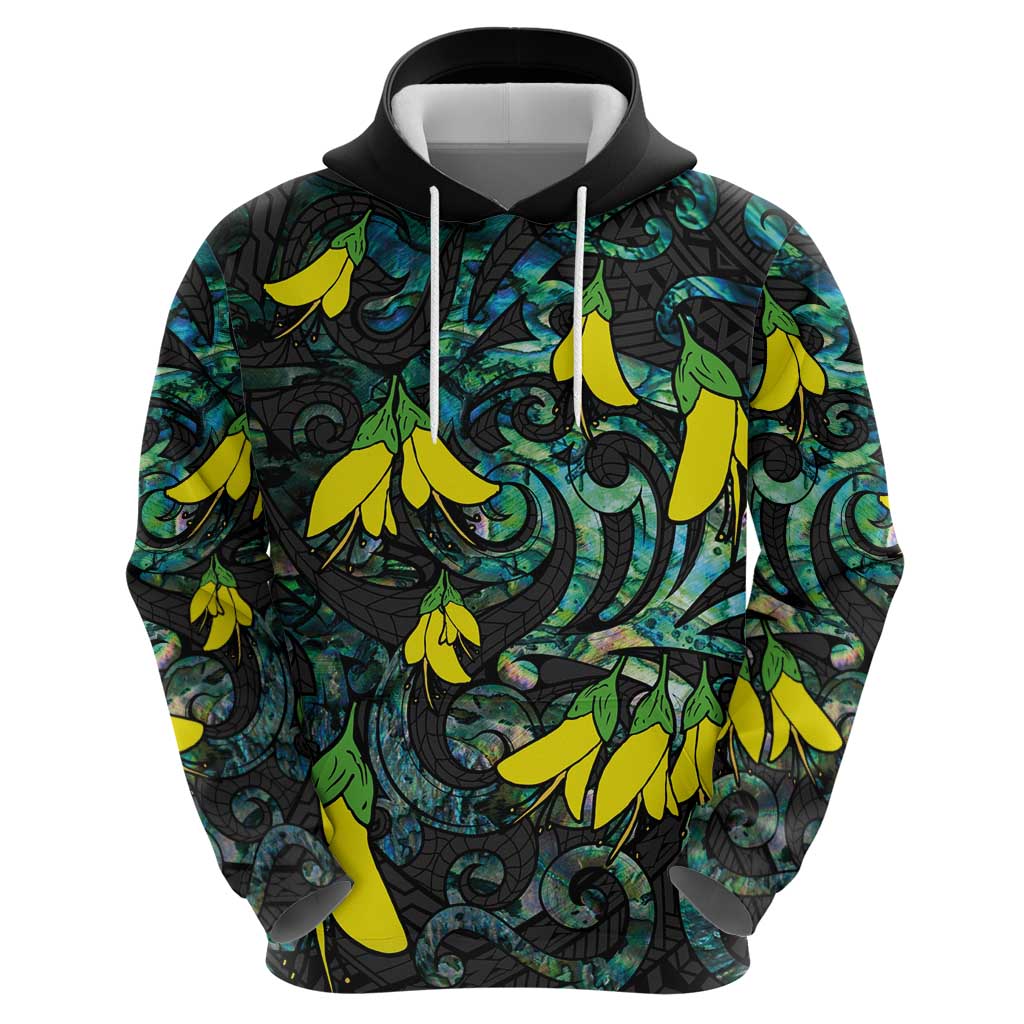 New Zealand Kowhai Flowers Zip Hoodie Maori Koru Pattern With Paua Shell Style LT03 - Polynesian Pride