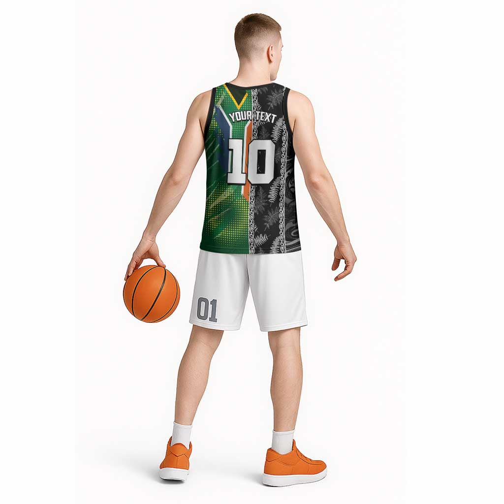 Custom Aotearoa South Africa Rugby Freedom Cup Basketball Jersey Maori Silver Fern Art and Sporty Flag SA - Polynesian Pride