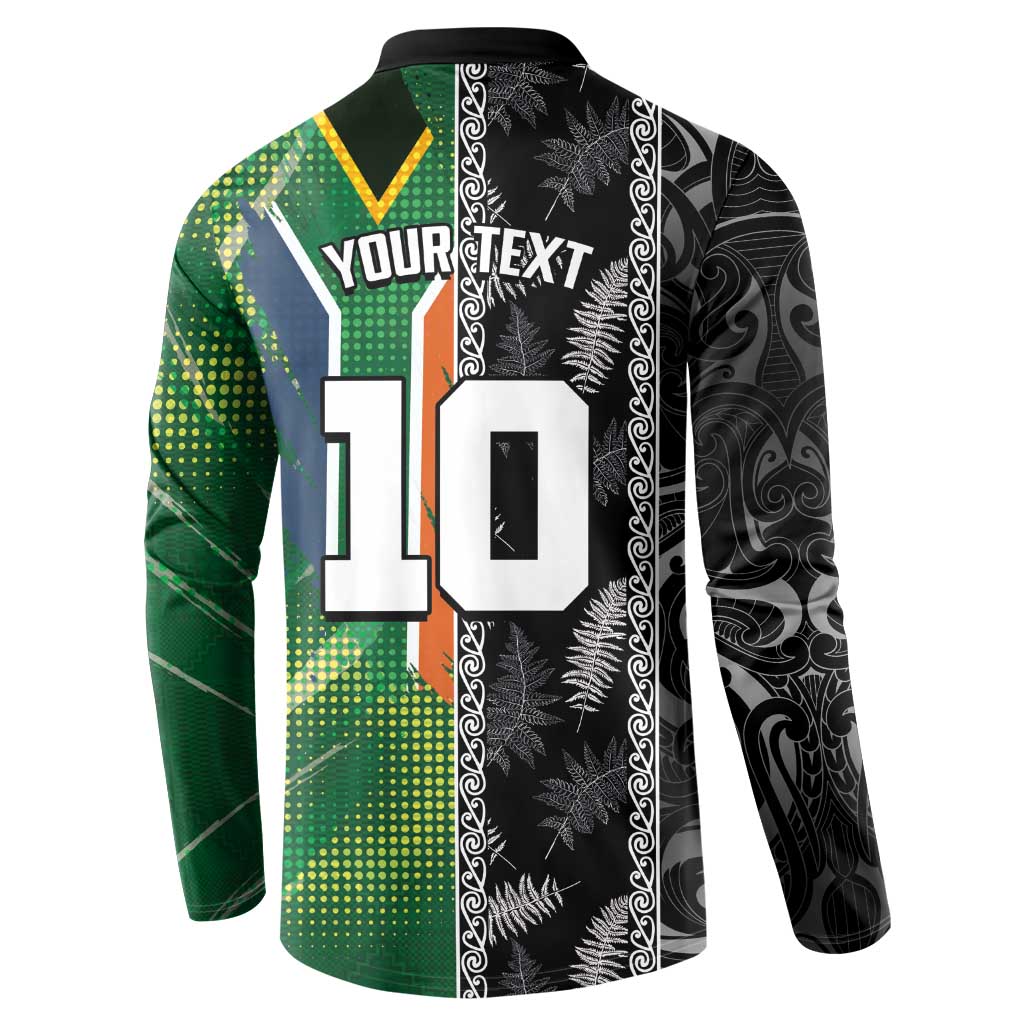 Custom Aotearoa South Africa Rugby Freedom Cup Button Sweatshirt Maori Silver Fern Art and Sporty Flag SA - Polynesian Pride