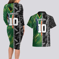 Custom Aotearoa South Africa Rugby Freedom Cup Couples Matching Long Sleeve Bodycon Dress and Hawaiian Shirt Maori Silver Fern Art and Sporty Flag SA - Polynesian Pride