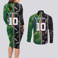 Custom Aotearoa South Africa Rugby Freedom Cup Couples Matching Long Sleeve Bodycon Dress and Long Sleeve Button Shirt Maori Silver Fern Art and Sporty Flag SA - Polynesian Pride