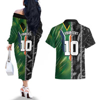 Custom Aotearoa South Africa Rugby Freedom Cup Couples Matching Off The Shoulder Long Sleeve Dress and Hawaiian Shirt Maori Silver Fern Art and Sporty Flag SA - Polynesian Pride