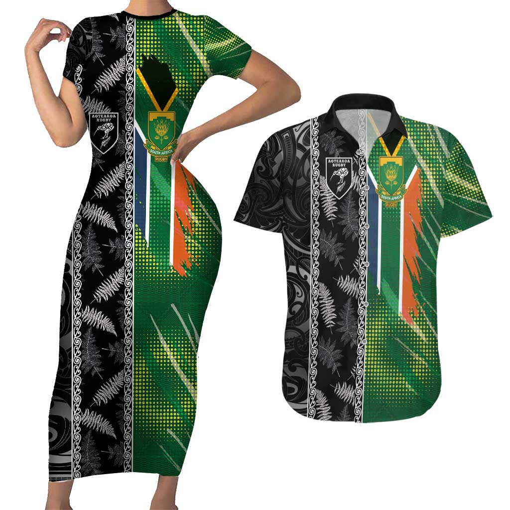 Custom Aotearoa South Africa Rugby Freedom Cup Couples Matching Short Sleeve Bodycon Dress and Hawaiian Shirt Maori Silver Fern Art and Sporty Flag SA - Polynesian Pride