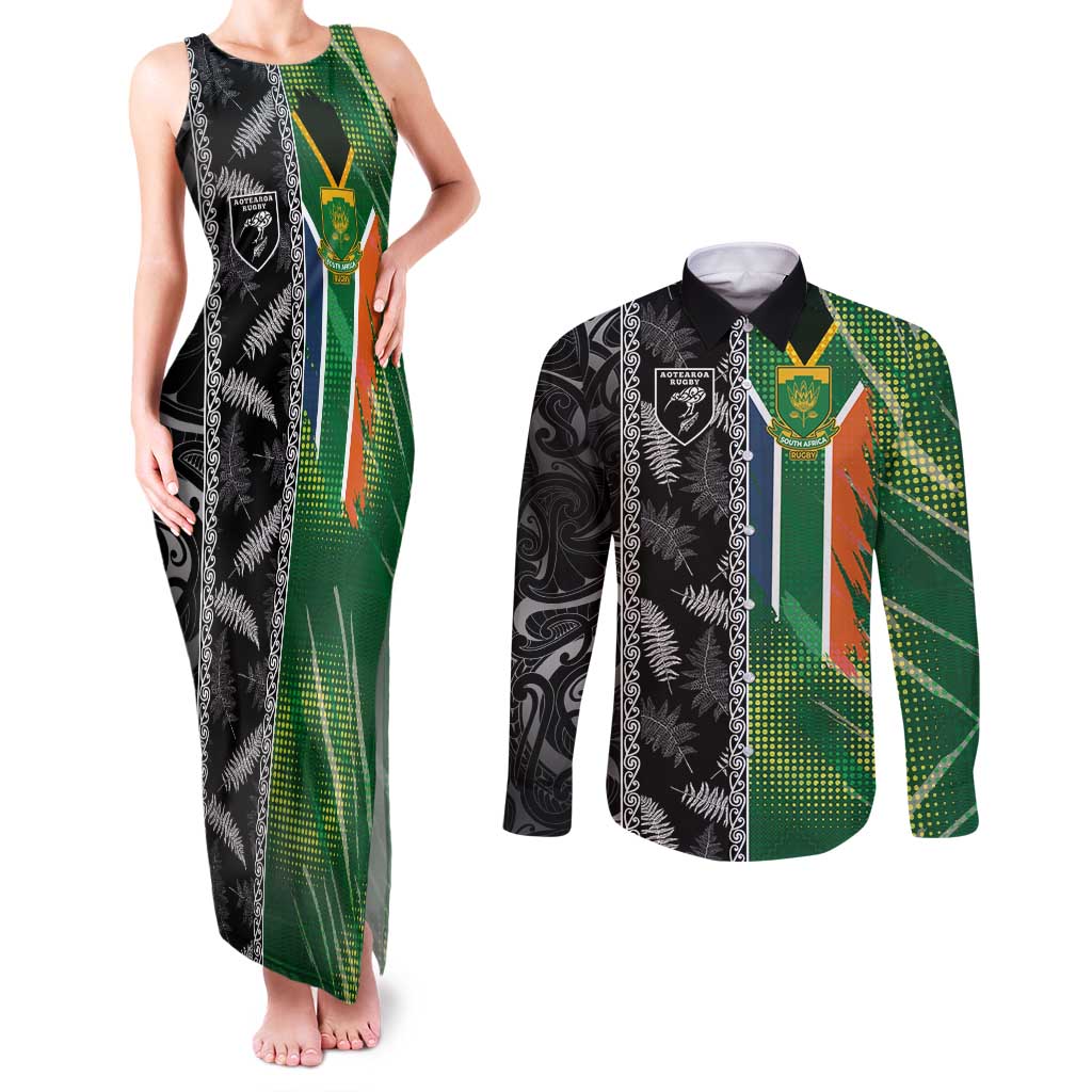 Custom Aotearoa South Africa Rugby Freedom Cup Couples Matching Tank Maxi Dress and Long Sleeve Button Shirt Maori Silver Fern Art and Sporty Flag SA - Polynesian Pride