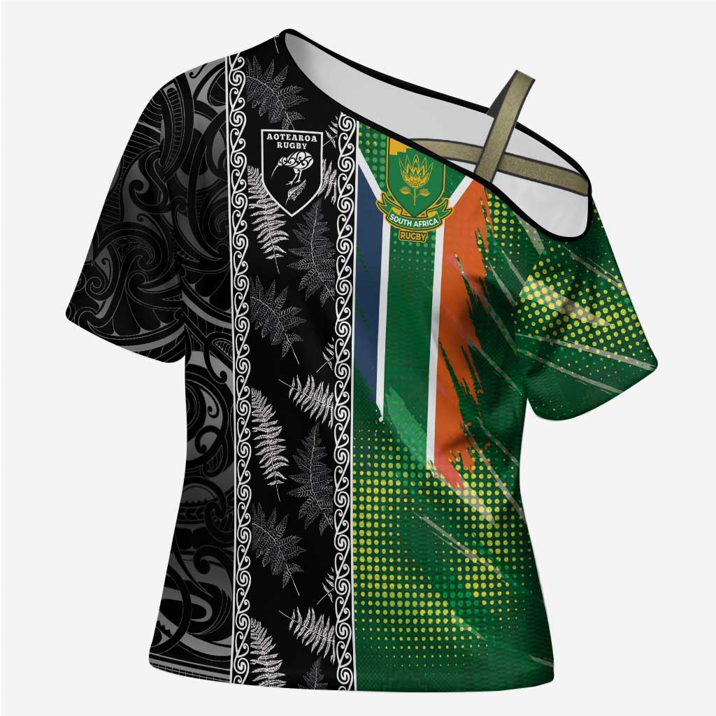 Custom Aotearoa South Africa Rugby Freedom Cup Cross Shoulder Shirt Maori Silver Fern Art and Sporty Flag SA - Polynesian Pride