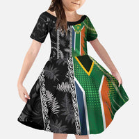 Custom Aotearoa South Africa Rugby Freedom Cup Family Matching Long Sleeve Bodycon Dress and Hawaiian Shirt Maori Silver Fern Art and Sporty Flag SA - Polynesian Pride