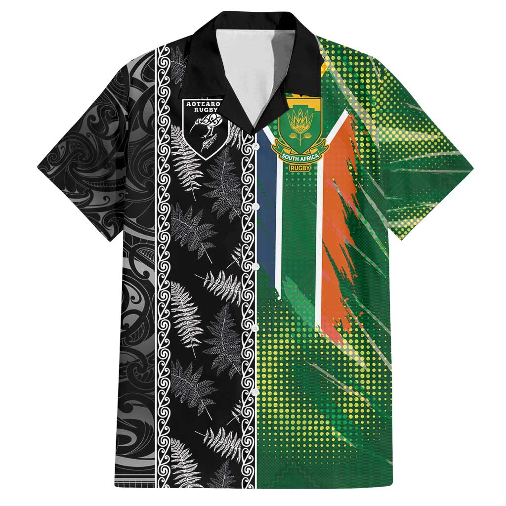 Custom Aotearoa South Africa Rugby Freedom Cup Family Matching Long Sleeve Bodycon Dress and Hawaiian Shirt Maori Silver Fern Art and Sporty Flag SA - Polynesian Pride