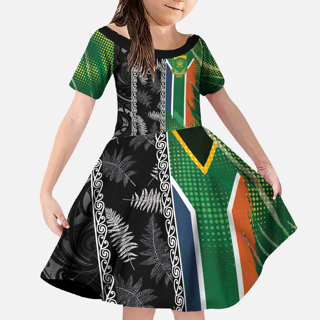 Custom Aotearoa South Africa Rugby Freedom Cup Family Matching Off Shoulder Maxi Dress and Hawaiian Shirt Maori Silver Fern Art and Sporty Flag SA - Polynesian Pride