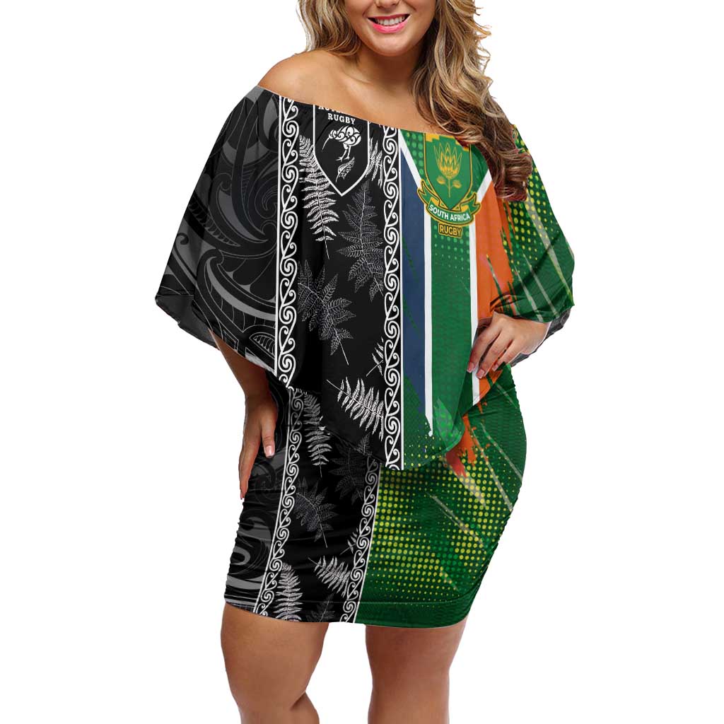 Custom Aotearoa South Africa Rugby Freedom Cup Family Matching Off Shoulder Short Dress and Hawaiian Shirt Maori Silver Fern Art and Sporty Flag SA - Polynesian Pride