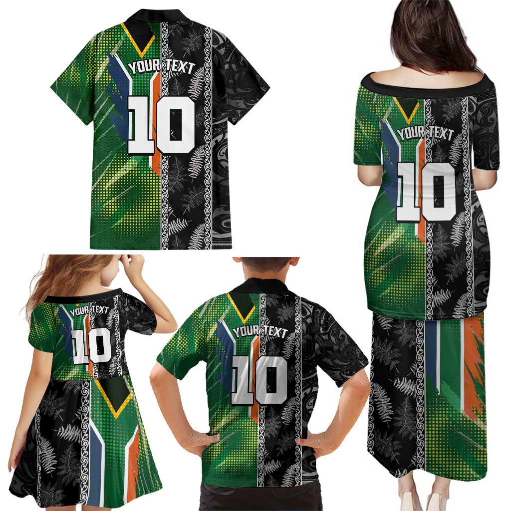 Custom Aotearoa South Africa Rugby Freedom Cup Family Matching Puletasi and Hawaiian Shirt Maori Silver Fern Art and Sporty Flag SA - Polynesian Pride
