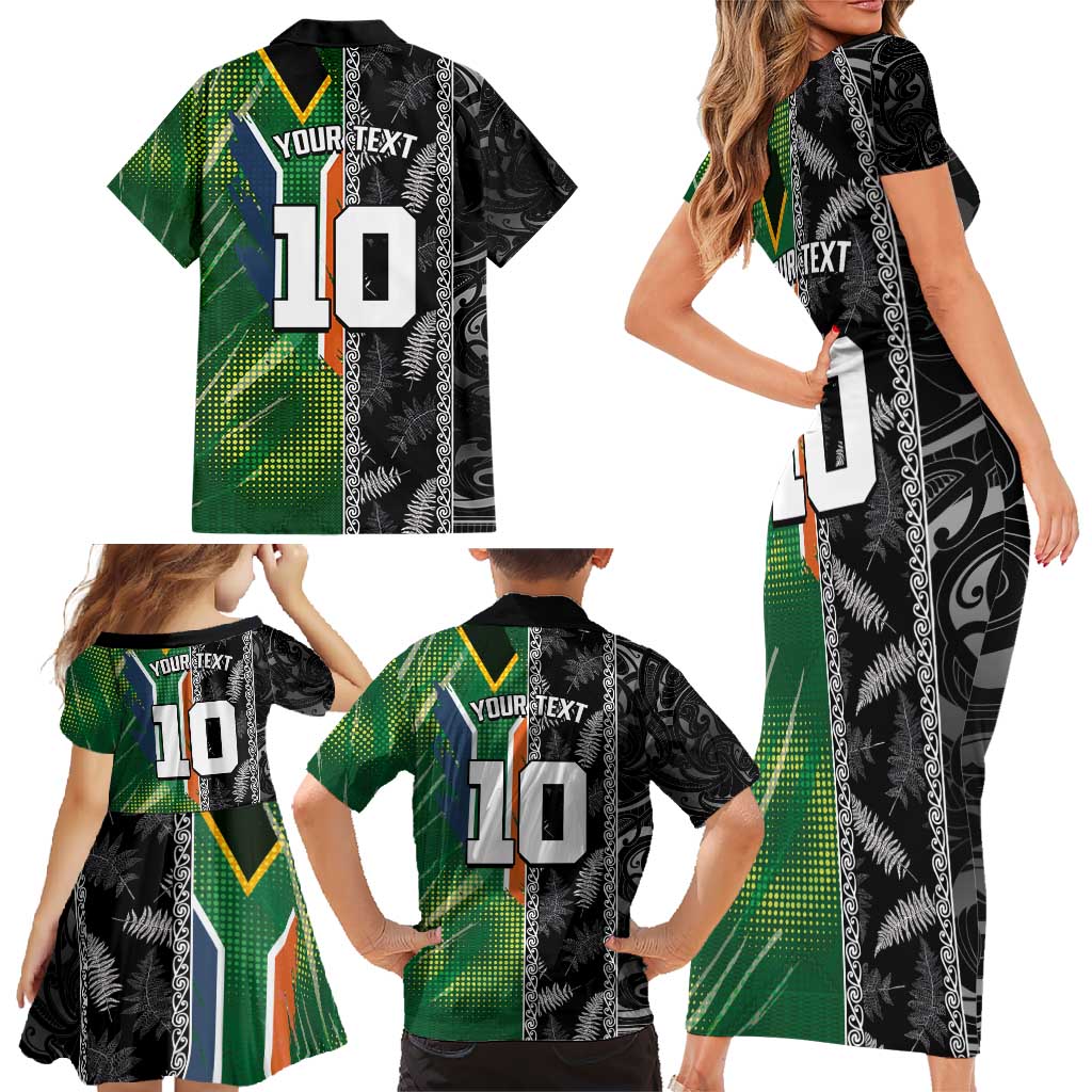 Custom Aotearoa South Africa Rugby Freedom Cup Family Matching Short Sleeve Bodycon Dress and Hawaiian Shirt Maori Silver Fern Art and Sporty Flag SA - Polynesian Pride