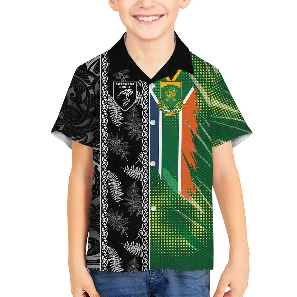 Custom Aotearoa South Africa Rugby Freedom Cup Family Matching Short Sleeve Bodycon Dress and Hawaiian Shirt Maori Silver Fern Art and Sporty Flag SA - Polynesian Pride