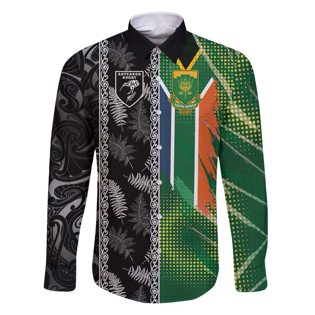 Custom Aotearoa South Africa Rugby Freedom Cup Family Matching Summer Maxi Dress and Hawaiian Shirt Maori Silver Fern Art and Sporty Flag SA LT03 Dad's Shirt - Long Sleeve Black - Polynesian Pride
