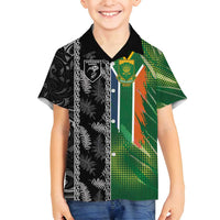 Custom Aotearoa South Africa Rugby Freedom Cup Family Matching Summer Maxi Dress and Hawaiian Shirt Maori Silver Fern Art and Sporty Flag SA LT03 Son's Shirt Black - Polynesian Pride