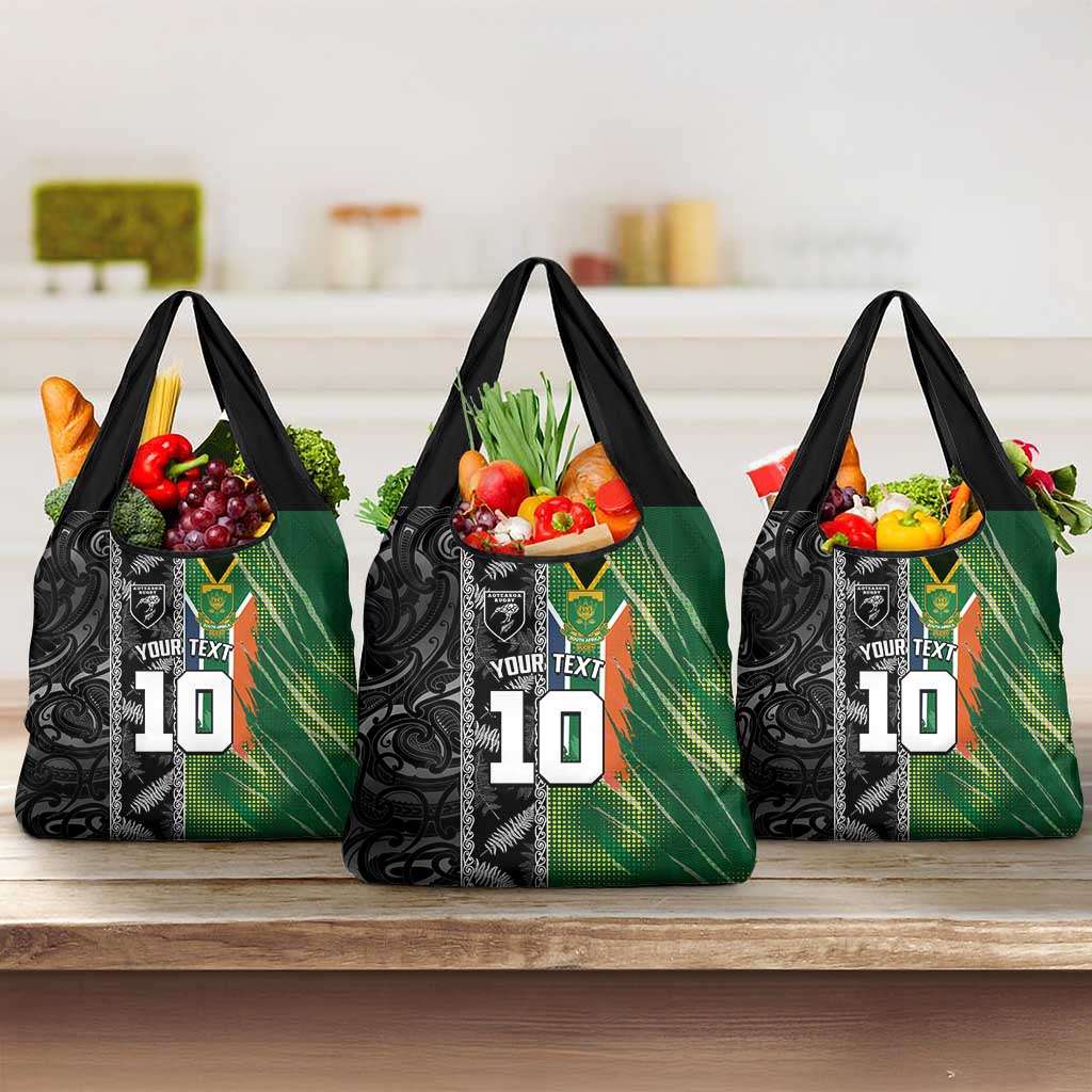Custom Aotearoa South Africa Rugby Freedom Cup Grocery Bag Maori Silver Fern Art and Sporty Flag SA - Polynesian Pride