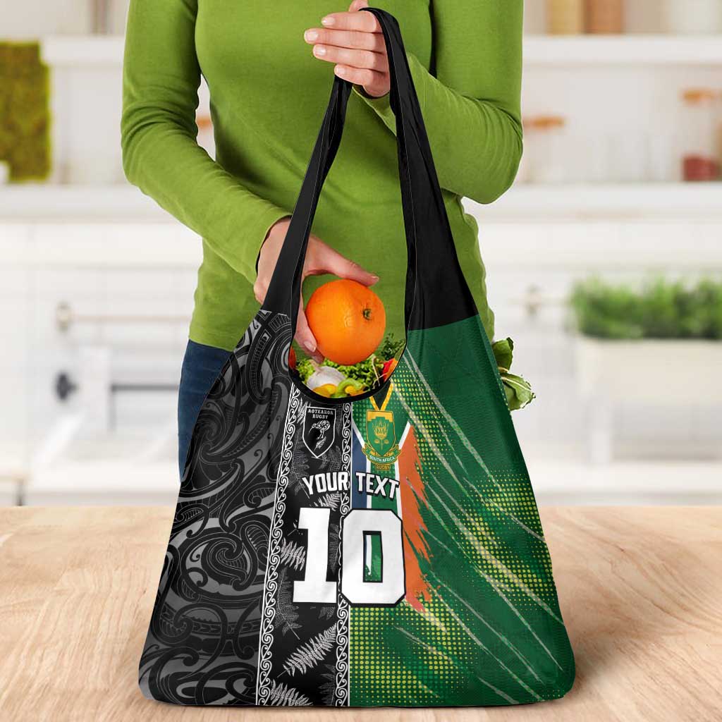 Custom Aotearoa South Africa Rugby Freedom Cup Grocery Bag Maori Silver Fern Art and Sporty Flag SA - Polynesian Pride