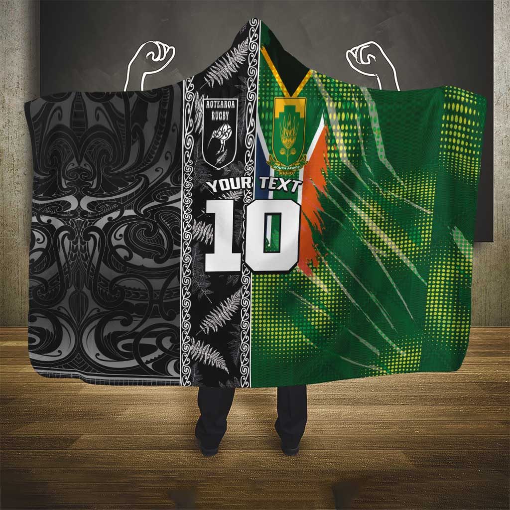 Custom Aotearoa South Africa Rugby Freedom Cup Hooded Blanket Maori Silver Fern Art and Sporty Flag SA - Polynesian Pride