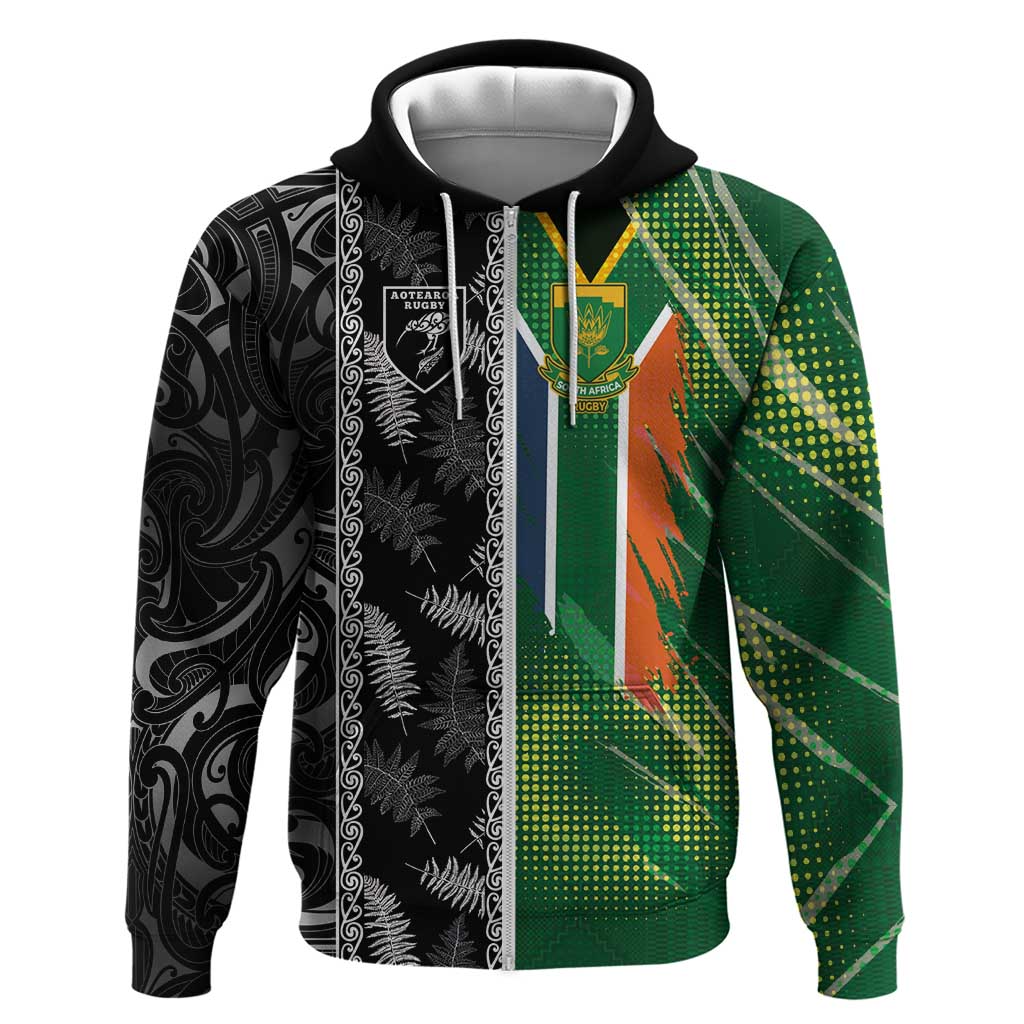 Custom Aotearoa South Africa Rugby Freedom Cup Hoodie Maori Silver Fern Art and Sporty Flag SA - Polynesian Pride
