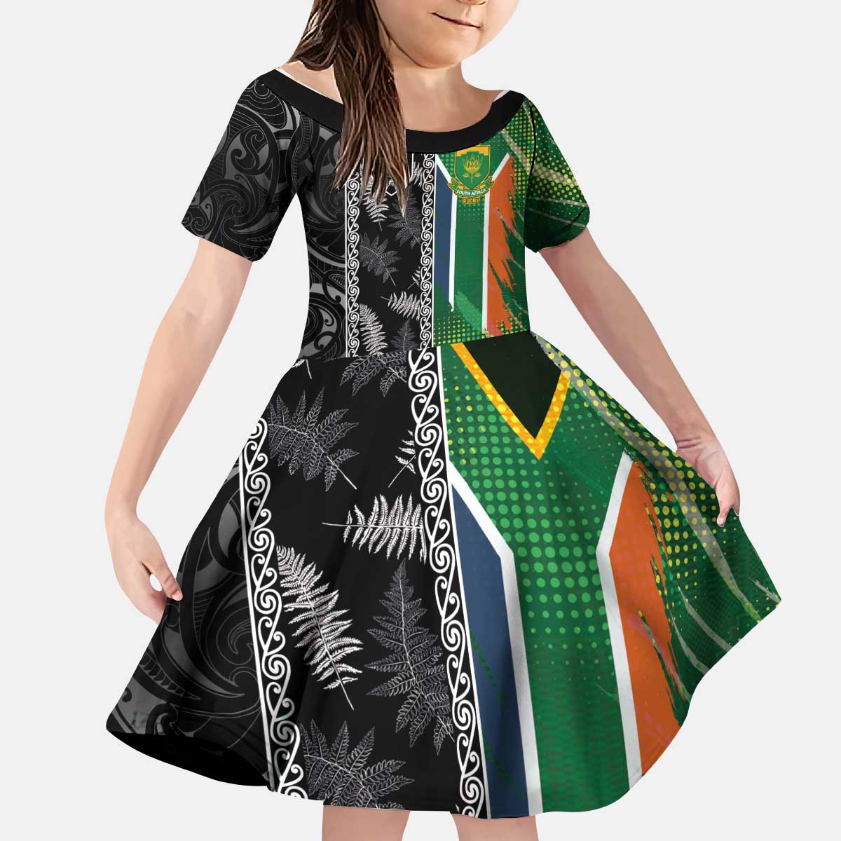 Custom Aotearoa South Africa Rugby Freedom Cup Kid Short Sleeve Dress Maori Silver Fern Art and Sporty Flag SA - Polynesian Pride