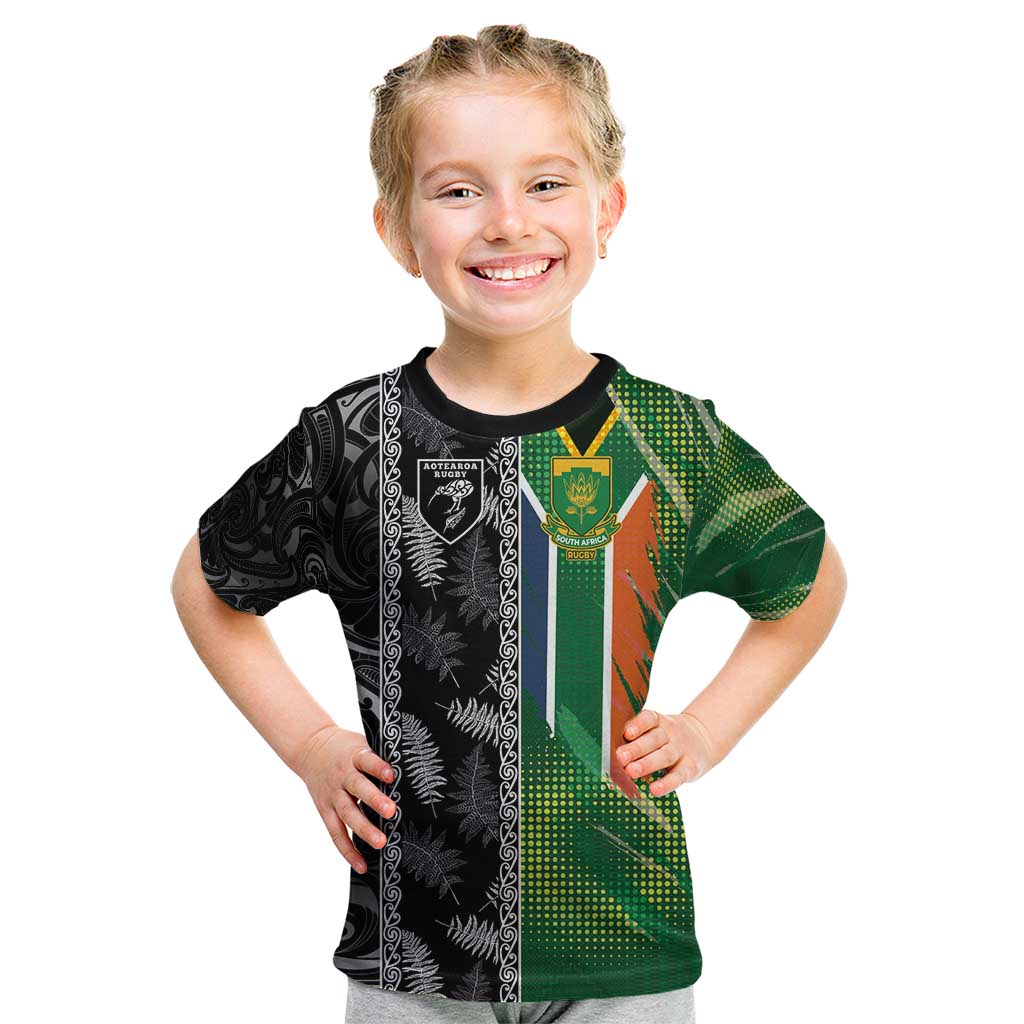 Custom Aotearoa South Africa Rugby Freedom Cup Kid T Shirt Maori Silver Fern Art and Sporty Flag SA - Polynesian Pride