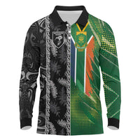 Custom Aotearoa South Africa Rugby Freedom Cup Long Sleeve Polo Shirt Maori Silver Fern Art and Sporty Flag SA - Polynesian Pride