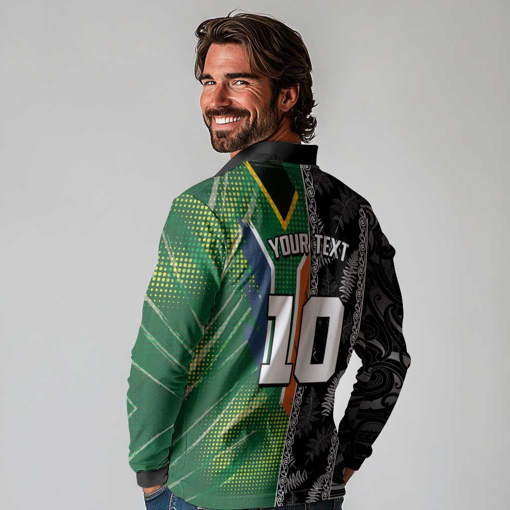 Custom Aotearoa South Africa Rugby Freedom Cup Long Sleeve Polo Shirt Maori Silver Fern Art and Sporty Flag SA - Polynesian Pride